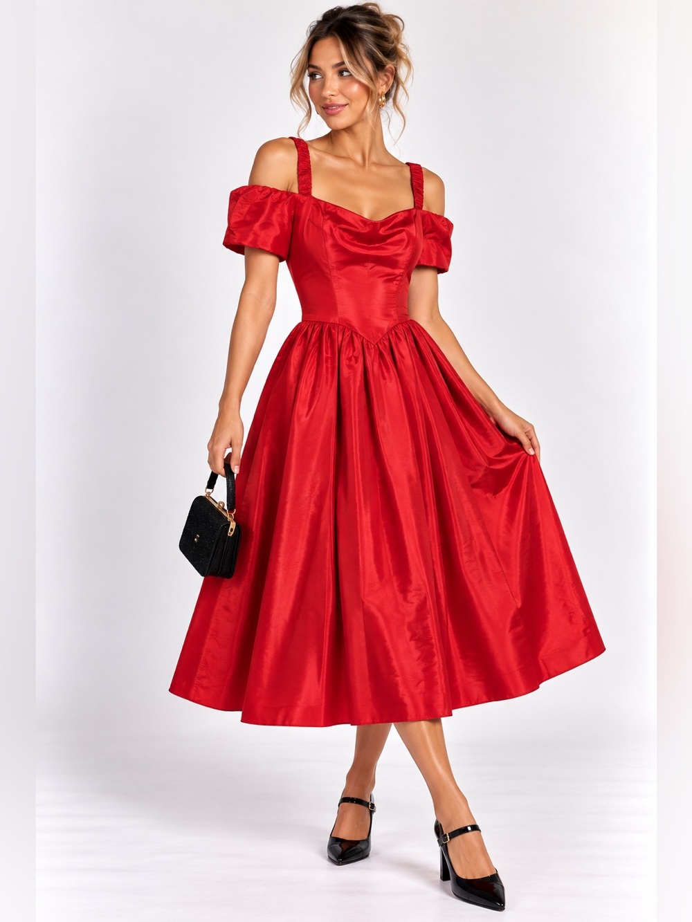 Vintage 80’s Red dress off shoulder (no tag, m/l)